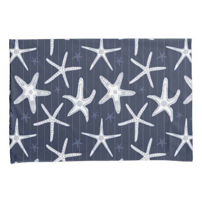 Starfish Navy Blue and White Patterned Coastal Pillowcase (Front-Right)