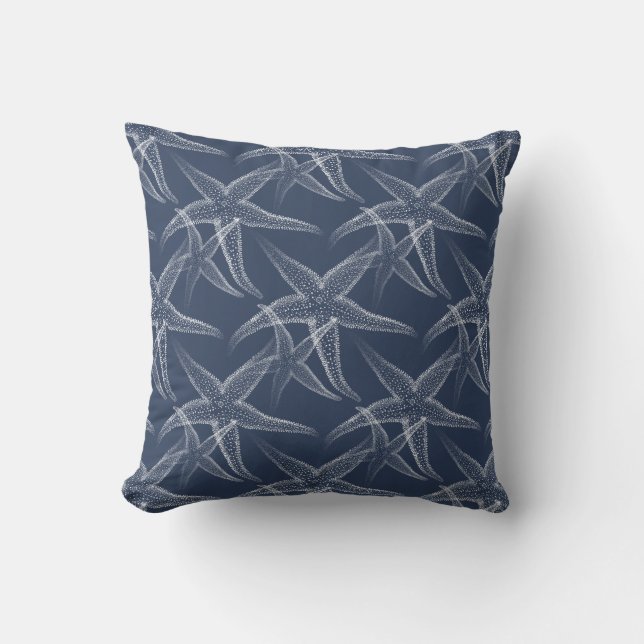 Starfish Navy Blue Beach Throw Pillow (Front)
