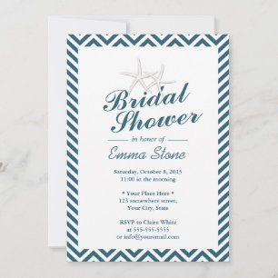 Starfish Navy Blue Chevron Stripes Bridal Shower Invitation