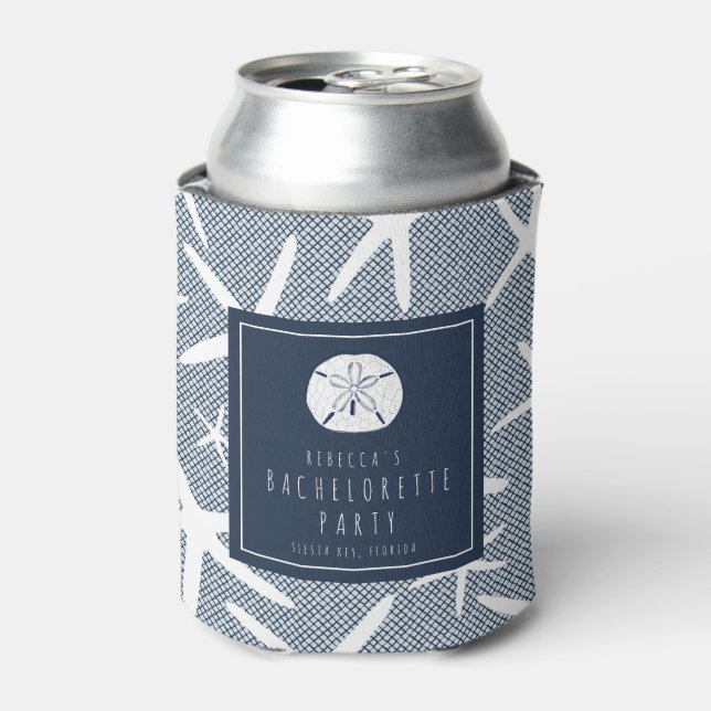 Starfish Navy Blue Florida Beach Bachelorette Can Cooler (Can Front)