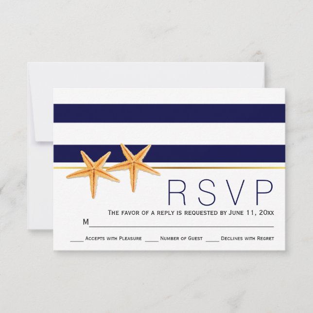 Starfish & navy blue stripes beach wedding RSVP Card (Front)