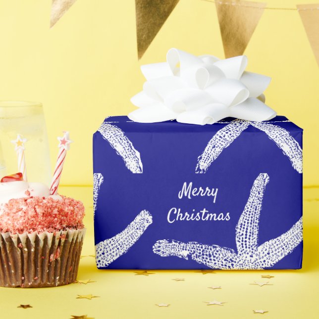 Starfish Navy Blue White Merry Christmas 2023 Wrapping Paper (Birthday Party)