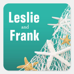 Starfish Netting Beach Wedding Favour   aqua Square Sticker