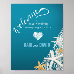 Starfish Netting Beach Wedding Welcome Sign azure