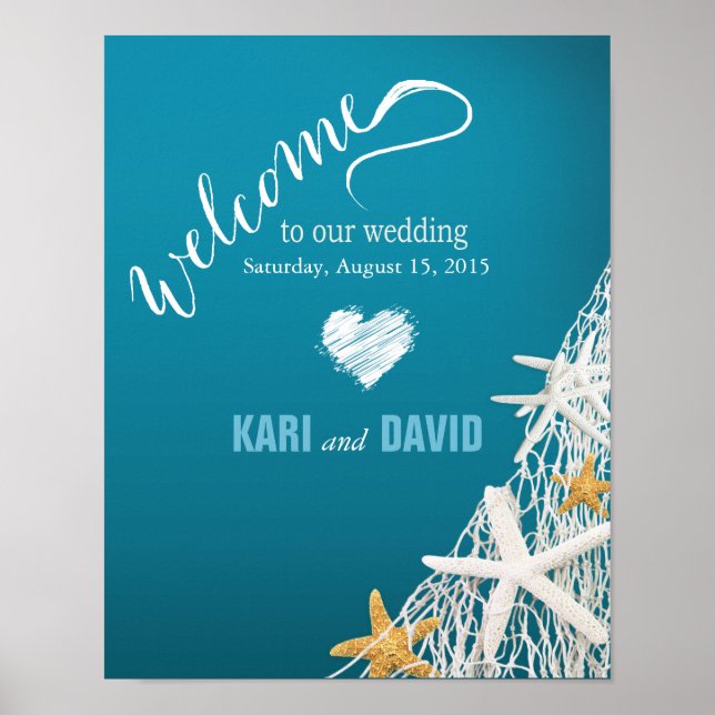 Starfish Netting Beach Wedding Welcome Sign azure (Front)