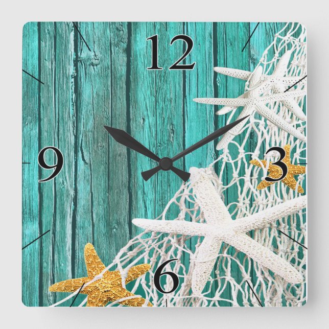 Starfish Netting Beach Wood Coastal Living | aqua Square Wall Clock (Front)