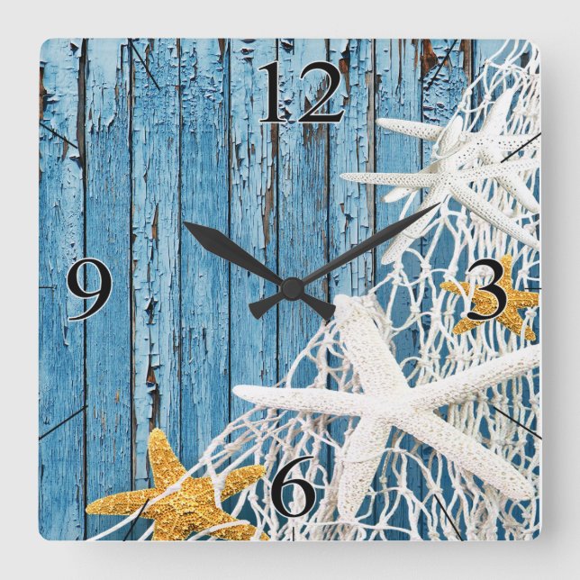 Starfish Netting Beach Wood Coastal Living | blue Square Wall Clock (Front)