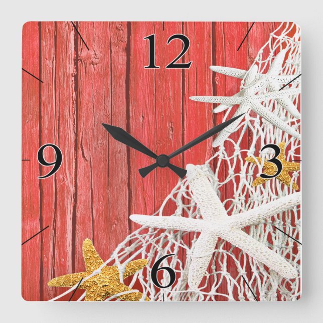 Starfish Netting Beach Wood Coastal Living | coral Square Wall Clock (Front)