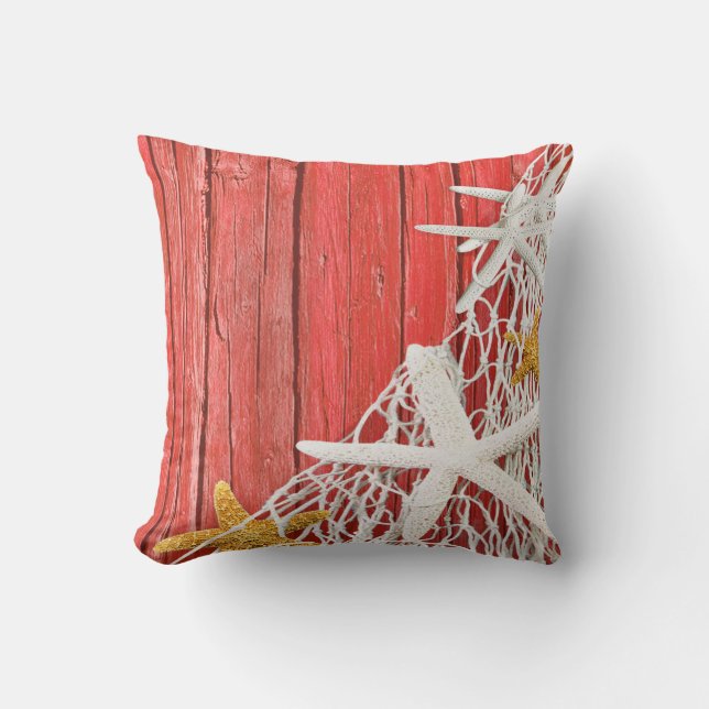 Starfish Netting Beach Wood | coral Cushion (Front)