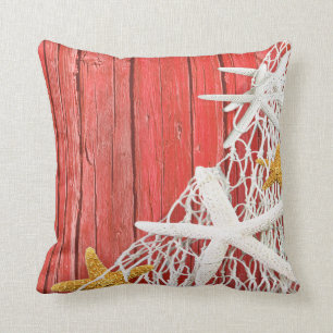 Starfish Netting Beach Wood   coral Cushion