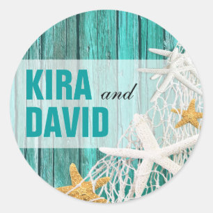 Starfish Netting Beach Wood Favour   aqua Classic Round Sticker