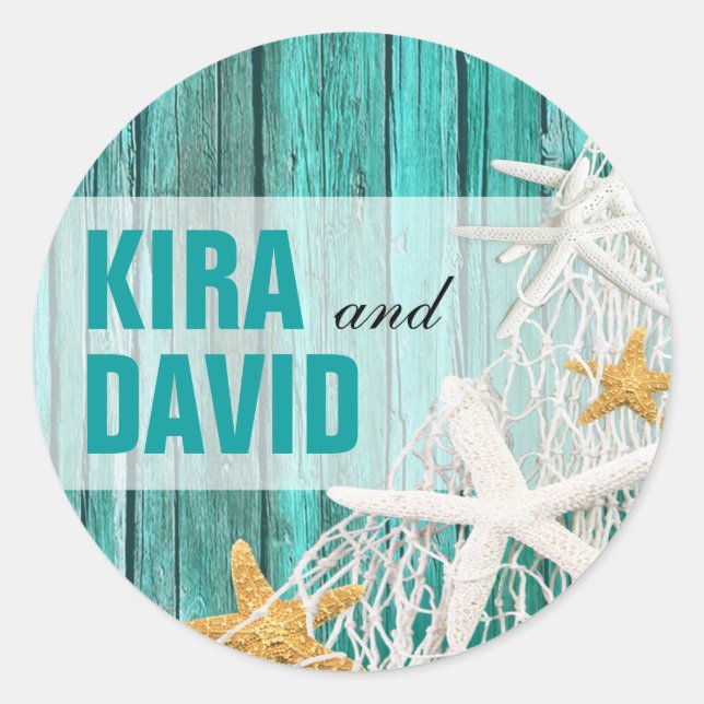 Starfish Netting Beach Wood Favour | aqua Classic Round Sticker (Front)