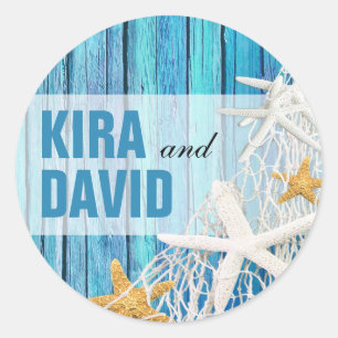 Starfish Netting Beach Wood Favour blue Classic Round Sticker