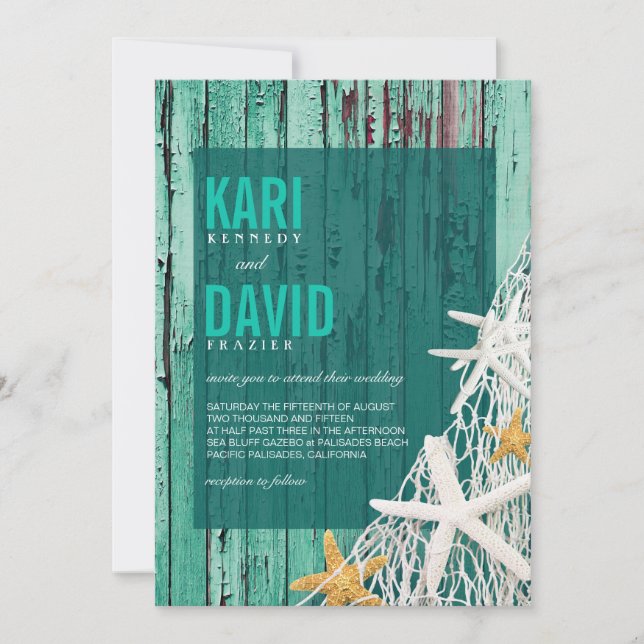Starfish Netting Beach Wood Wedding | aqua Invitation (Front)