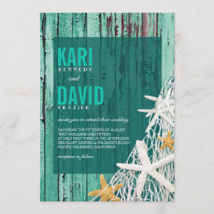 Starfish Netting Beach Wood Wedding   aqua Invitation
