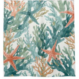 Starfish Ocean Coral Sealife Teal Orange Shower Curtain