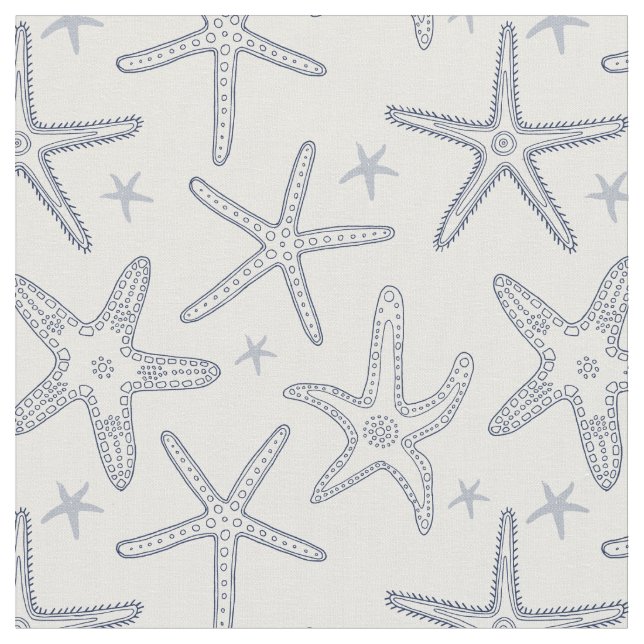 Starfish Ocean Sea Life Blue and White Pattern Fabric (Close Up)