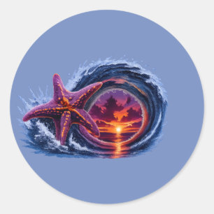 Starfish Ocean Wave Sunset Design Tropical Coast Classic Round Sticker