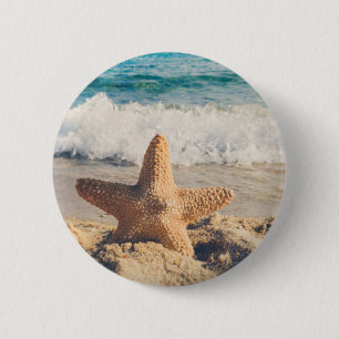 Starfish on a Sandy Beach Photograph 6 Cm Round Badge