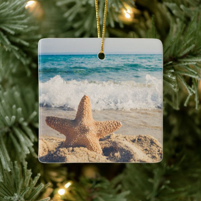Starfish on a Sandy Beach Photograph Ceramic Ornament (Tree)