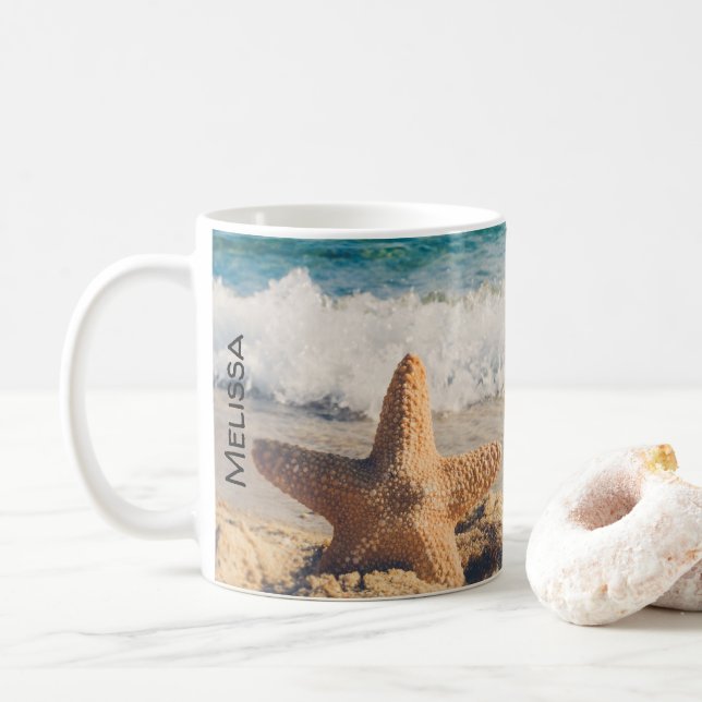 Starfish on a Sandy Beach Photograph Coffee Mug (With Donut)