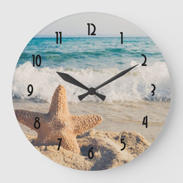 Starfish on a Sandy Beach Photograph Large Clock (Front)