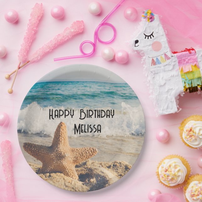 Starfish on a Sandy Beach Photograph Paper Plate (Party)