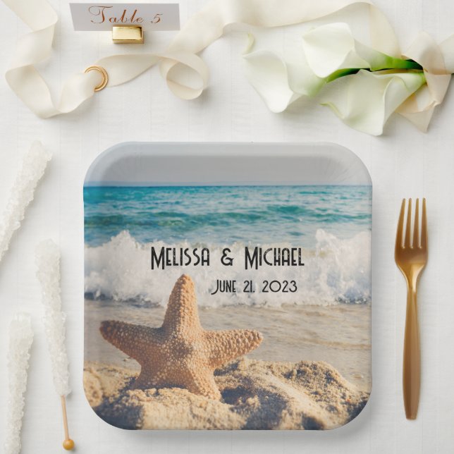 Starfish on a Sandy Beach Photograph Paper Plate (Wedding)