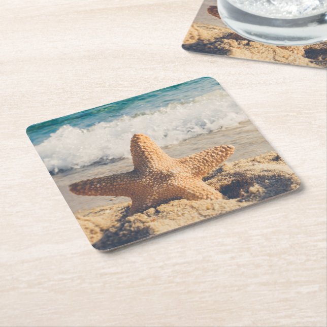 Starfish on a Sandy Beach Photograph Square Paper Coaster (Angled)
