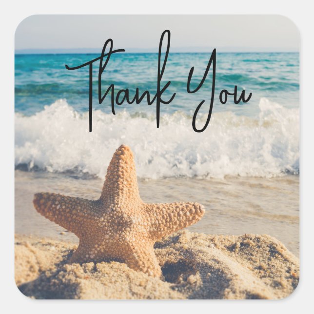 Starfish on a Sandy Beach Photograph Thank You Square Sticker (Front)
