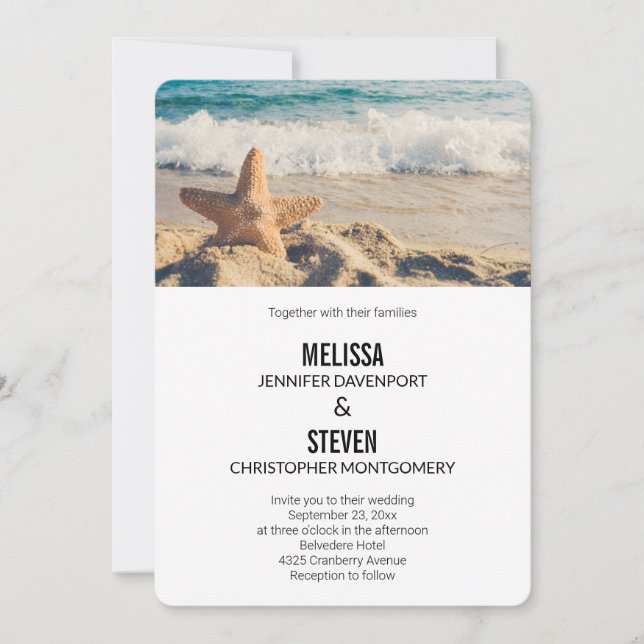 Starfish on a Sandy Beach Photograph Wedding Invitation (Front)