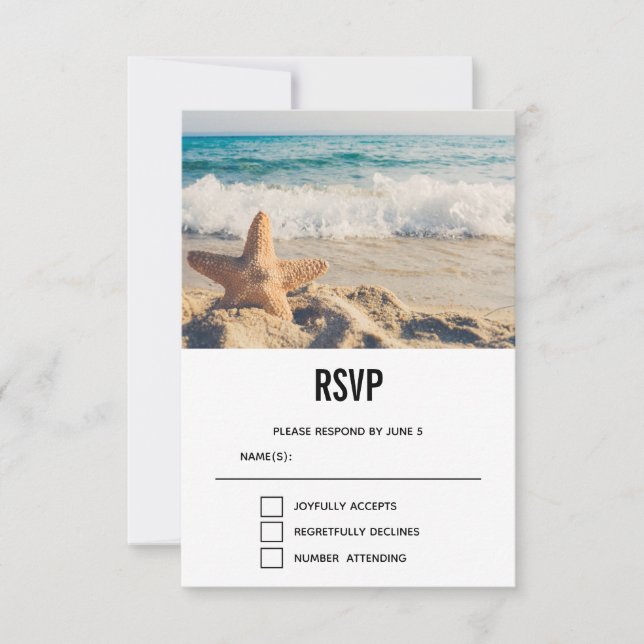 Starfish on a Sandy Beach Photograph Wedding RSVP Card (Front)