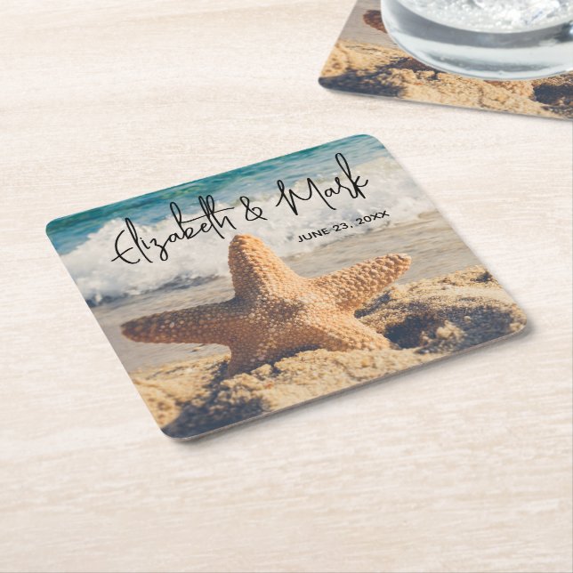 Starfish on a Sandy Beach Photograph Wedding Square Paper Coaster (Angled)