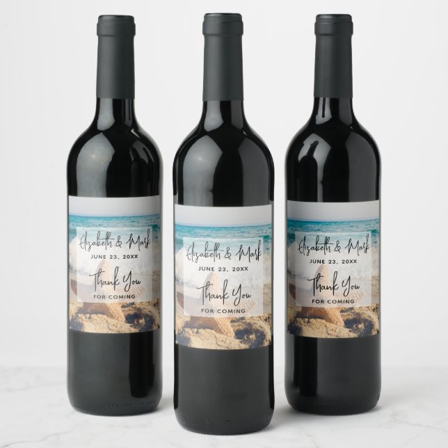 Starfish on a Sandy Beach Photograph Wedding Wine Label (Bottles)