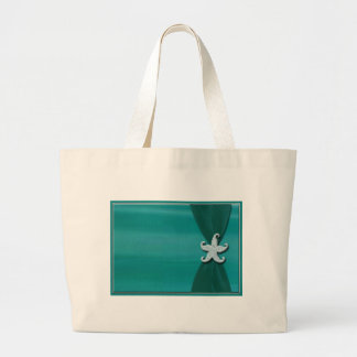 Starfish on aqua ribbon with silver trim large tote bag
