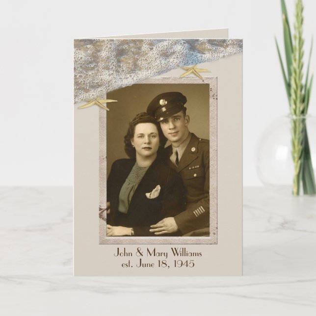 Starfish On Beach Anniversary Photo Frame Card (Front)