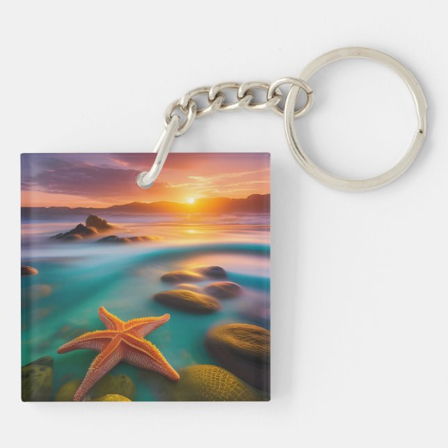 Starfish on beach at Dawn  Key Ring (Back)
