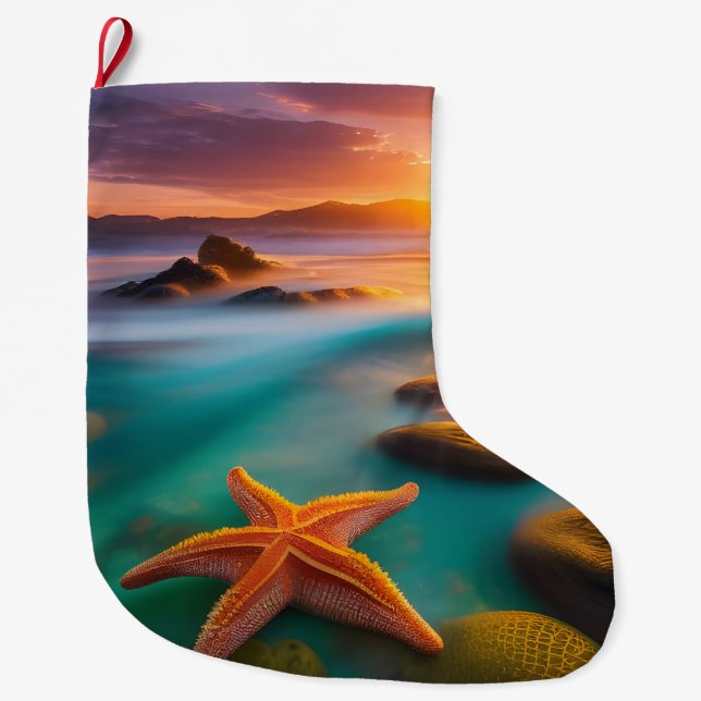 Starfish on beach at Dawn Large Christmas Stocking (Front)