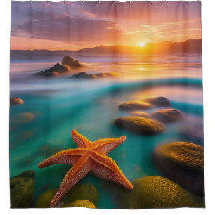 Starfish on beach at Dawn   Shower Curtain