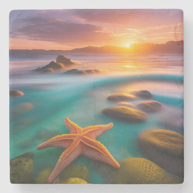 Starfish on beach at Dawn  Stone Coaster (Front)