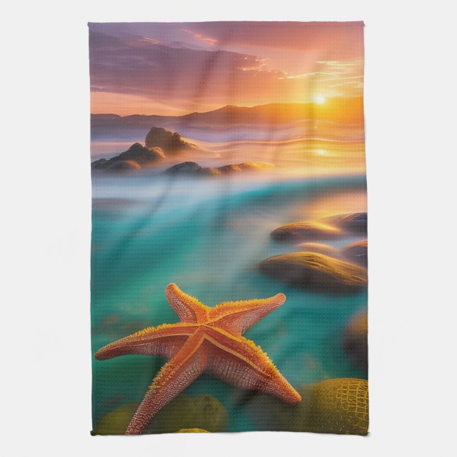 Starfish on beach at Dawn  Tea Towel (Vertical)