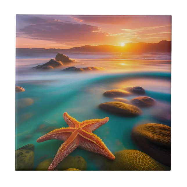 Starfish on beach at Dawn   Tile (Front)