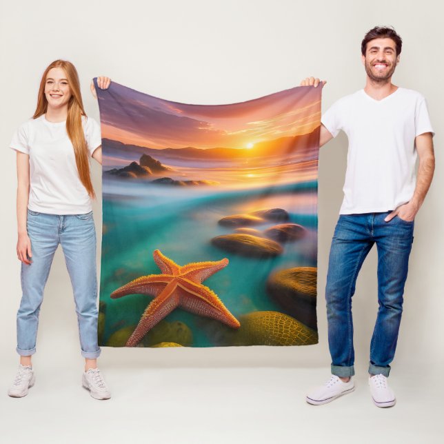 Starfish on Beach at Sunrise  Fleece Blanket (In Situ)
