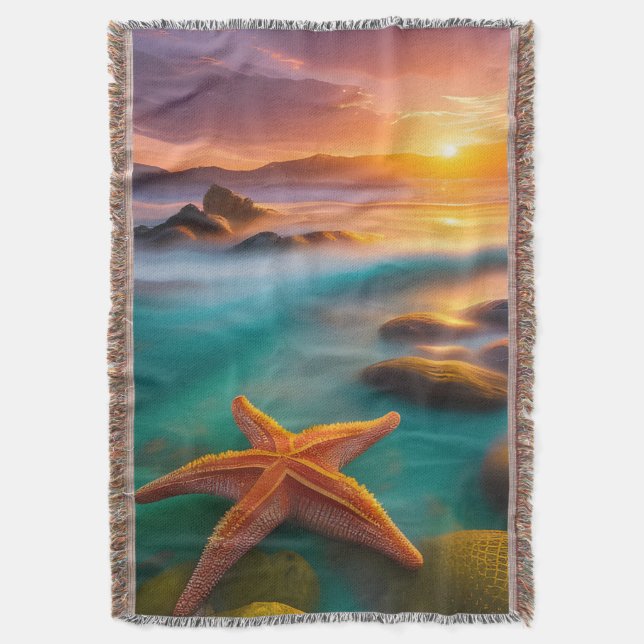 Starfish on Beach at Sunrise Throw Blanket (Front Vertical)