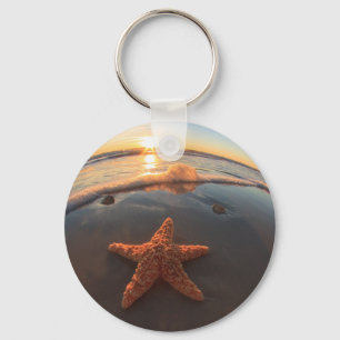 Starfish on Beach at Sunset Key Ring