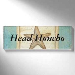 Starfish on Teal Wood Name Tag
