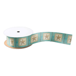 Starfish on Teal Wood Satin Ribbon
