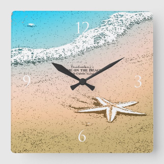 Starfish on the Beach Square Wall Clock (Front)
