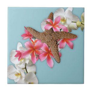 Starfish Orchids Plumeria Blue Tile