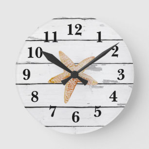 Starfish Painting Beach Shiplap Rustic Decor Round Clock